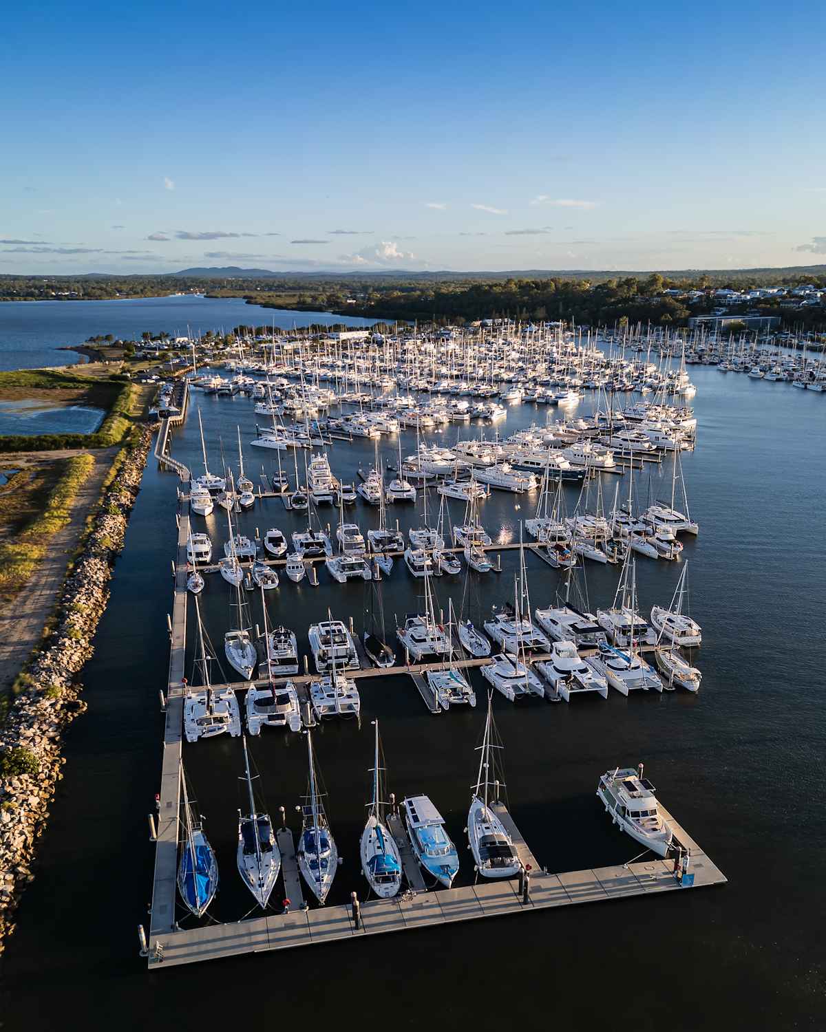 An aerial view of the boats moored at Manly Harbour, Brisbane, Queensland.