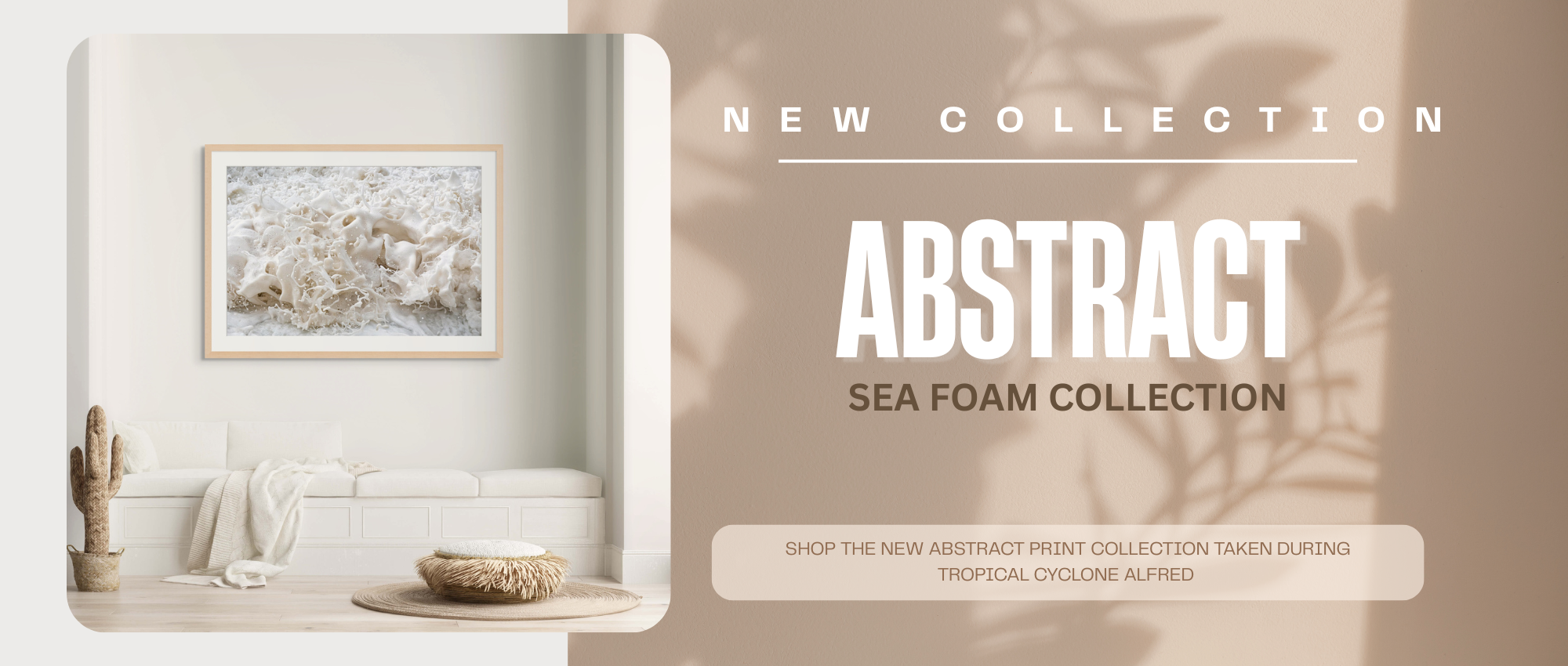 Website banner image with a mock-up image of a lounge room with text on the right announcing a new abstract sea foam collection of wall art.
